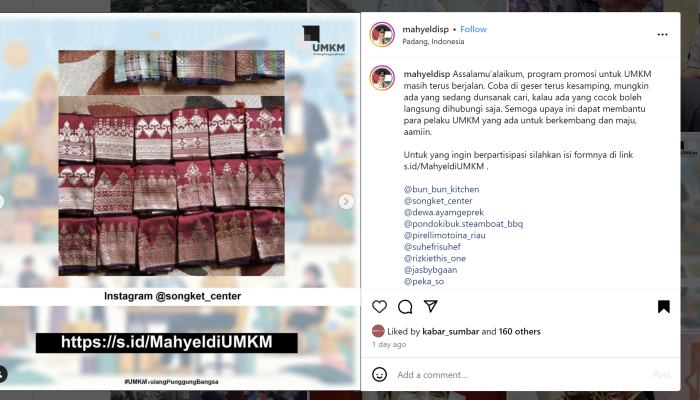 Inovasi Mahyeldi, Wakafkan Instagram untuk Bantu Promosikan UMKM Banjir Peminat