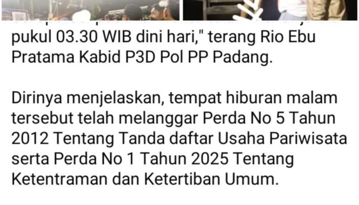 Pol PP Padang Tertibkan Hiburan Malam, SOP Dievaluasi
