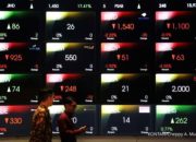 Suasana layar monitor bursa efek yang menampilkan grafik penurunan Indeks Harga Saham Gabungan di Bursa Efek Indonesia.