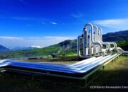 Logo PT Barito Renewables Energy Tbk (BREN) dengan latar belakang kantor perusahaan