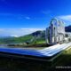 Logo PT Barito Renewables Energy Tbk (BREN) dengan latar belakang kantor perusahaan