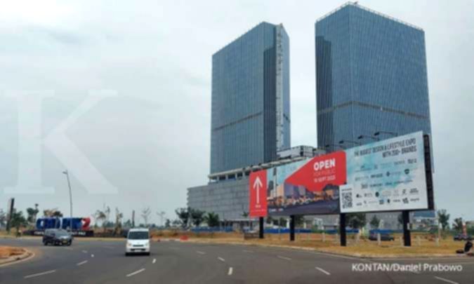 Papan nama PT Pantai Indah Kapuk Dua Tbk (PANI) di kawasan pengembangan properti PIK2.